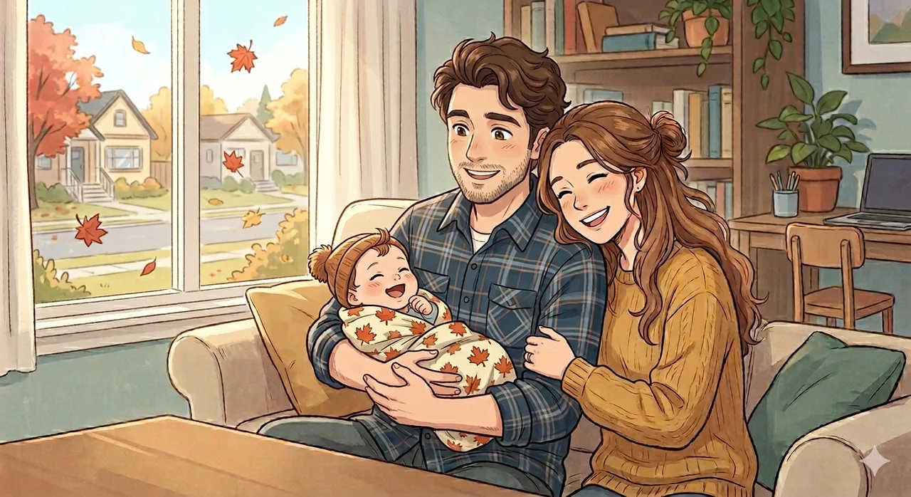 The tilkbook founders — a husband, wife, and their baby daughter Olla — at home in Canada