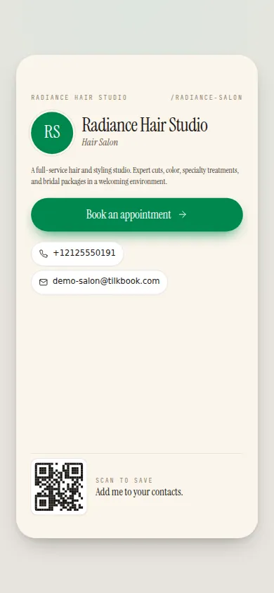 tilkbook digital business card with a Book appointment button and scan-to-save QR code